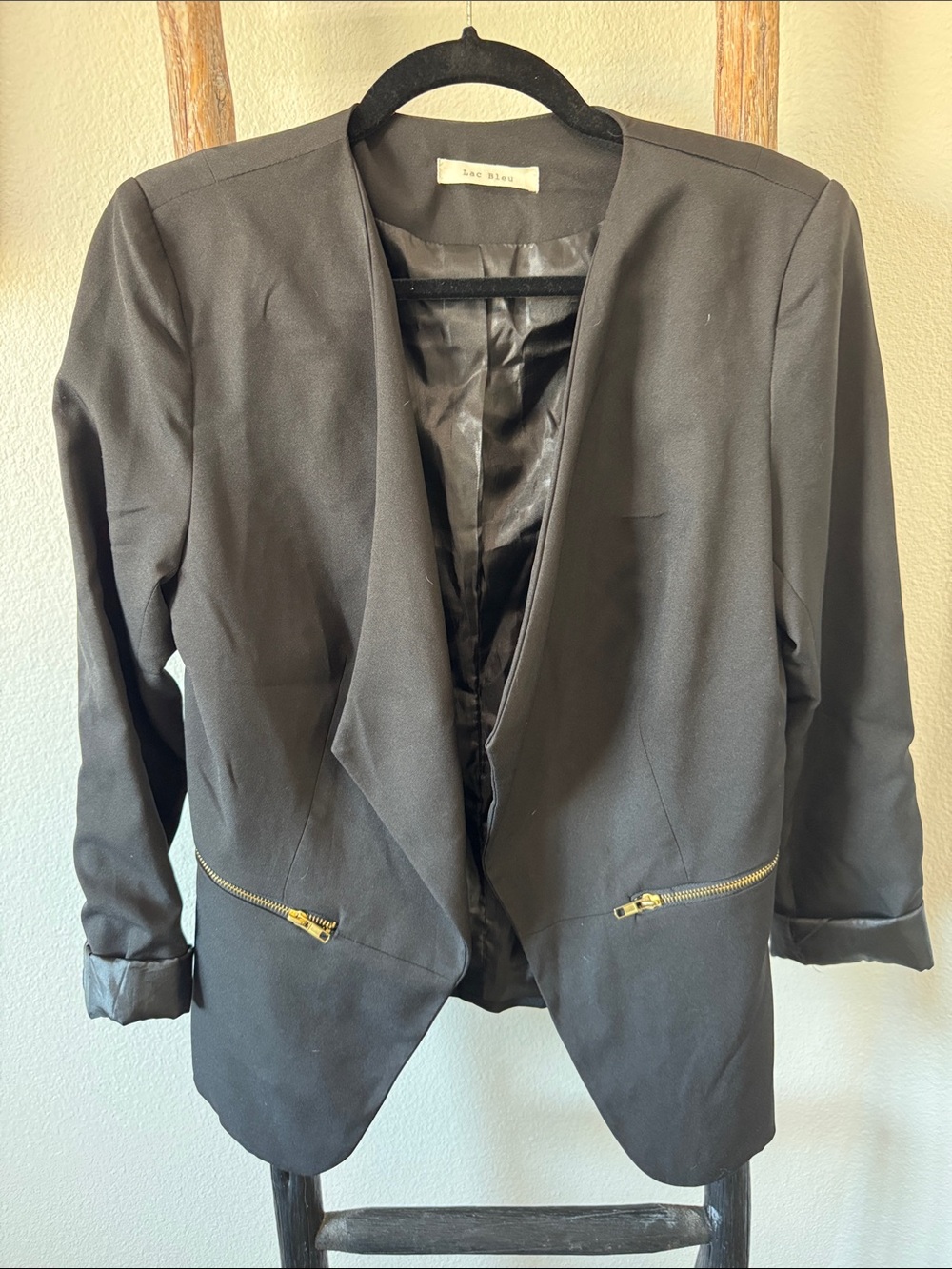 Women's Black Open-Front Blazer with Gold Zippers